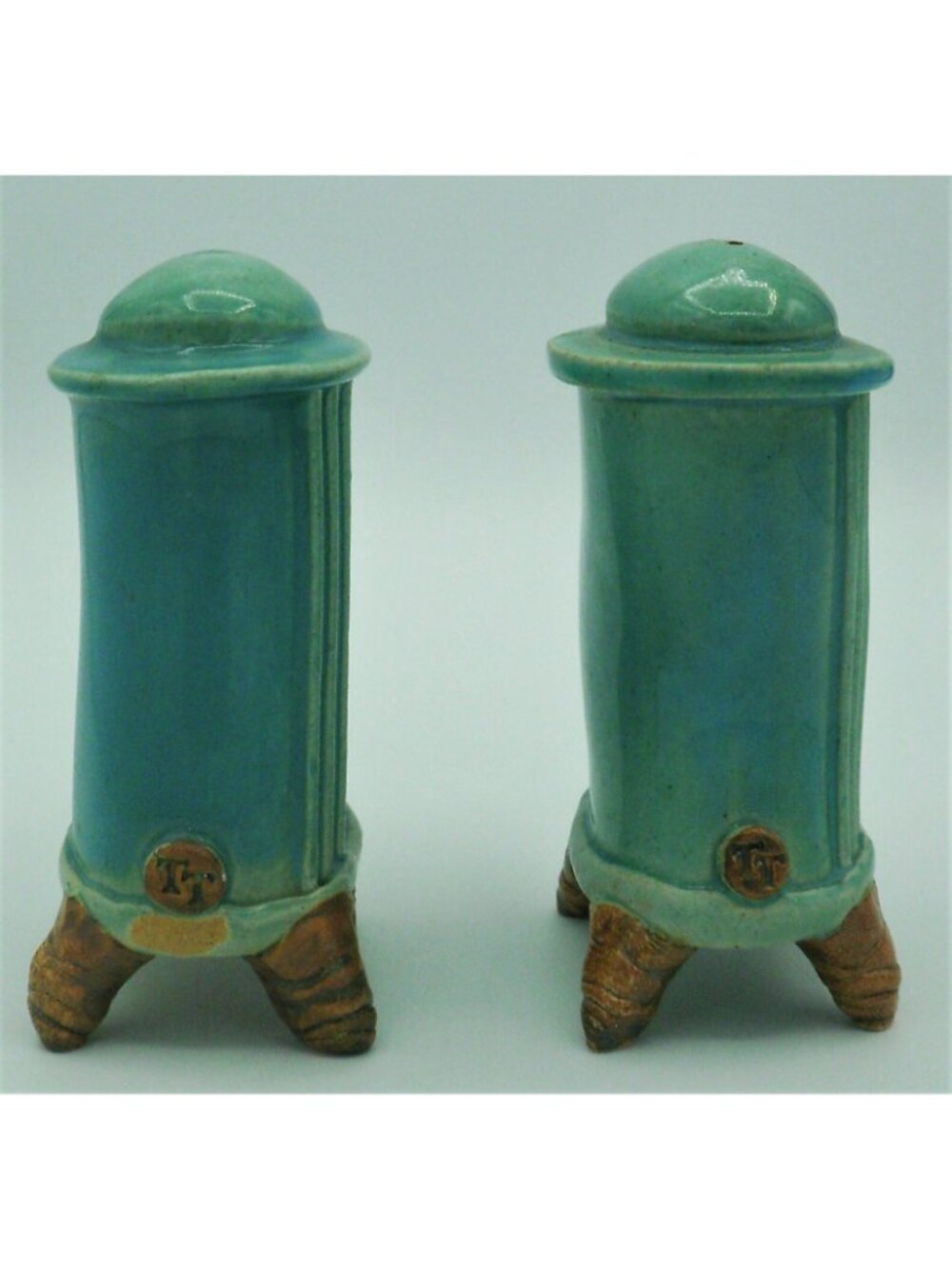 Hand Painted Salt and Pepper Shakers Teal Brown Ceramic Large 4.5 IN TT Japan - Picture 3 of 8